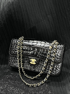 Chanel black shiny Alligator leather medium flap gold hardware