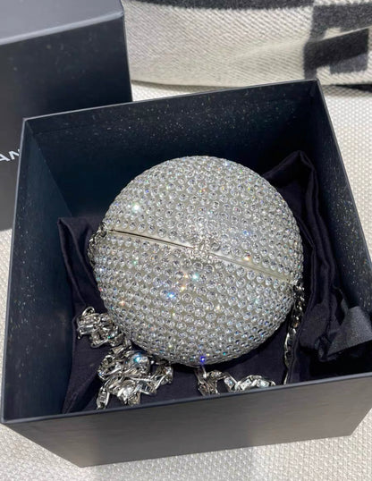 CHANEL Plexiglass Strass CC Round Minaudiere Clutch Silver