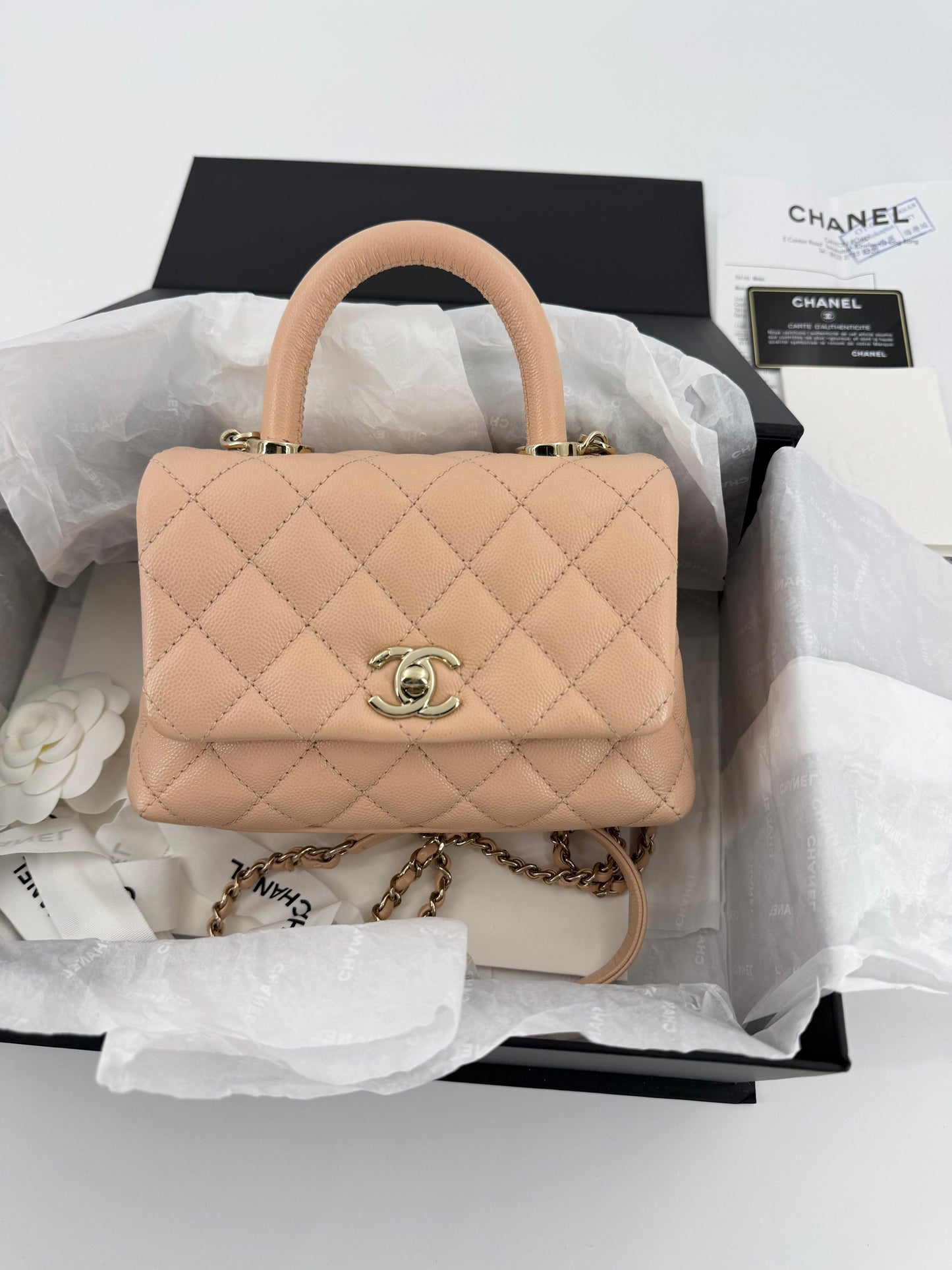 Chanel peach grained leather mini coco handle with light gold hardware