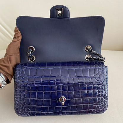 CHANEL SHINY BLUE ALLIGATOR CLASSIC FLAP BAG WITH SILVER HARDWARE