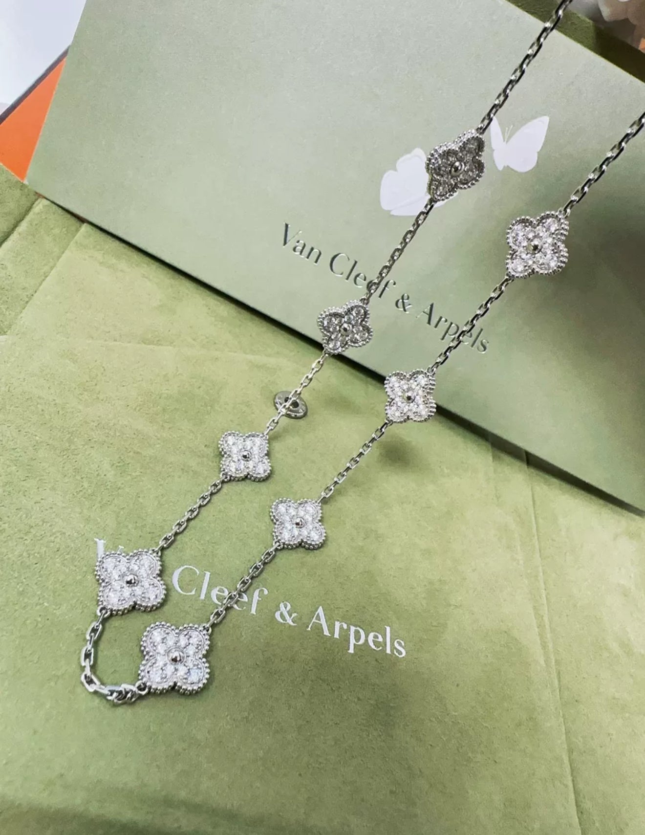 Van Cleef & Arpels 18k White Gold Diamond Set Vintage Alhambra Necklace