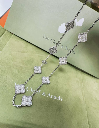 Van Cleef & Arpels 18k White Gold Diamond Set Vintage Alhambra Necklace