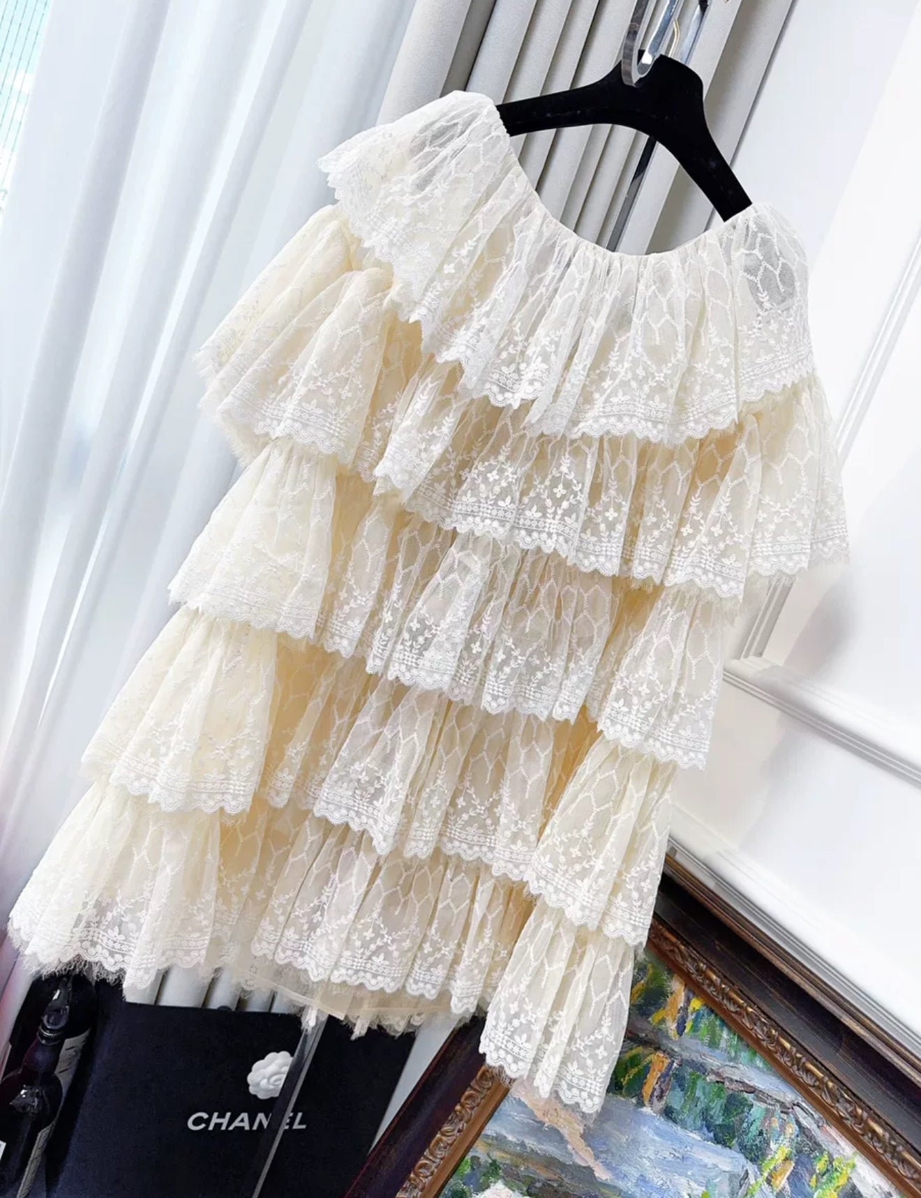 Chanel 16k Lace ecru dress with black bow