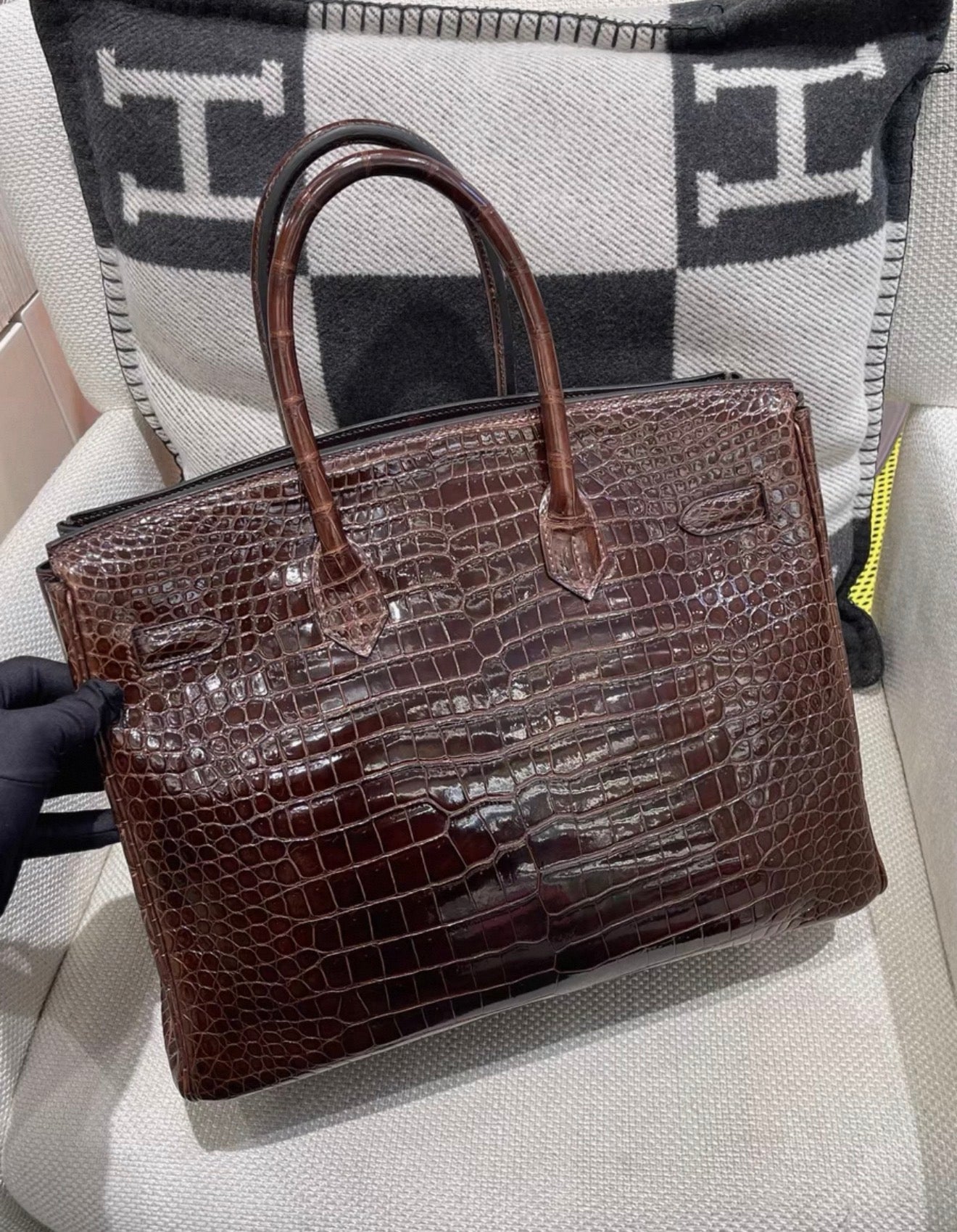 Hermes Birkin 35 brown shiny crocodile leather palladium hardware