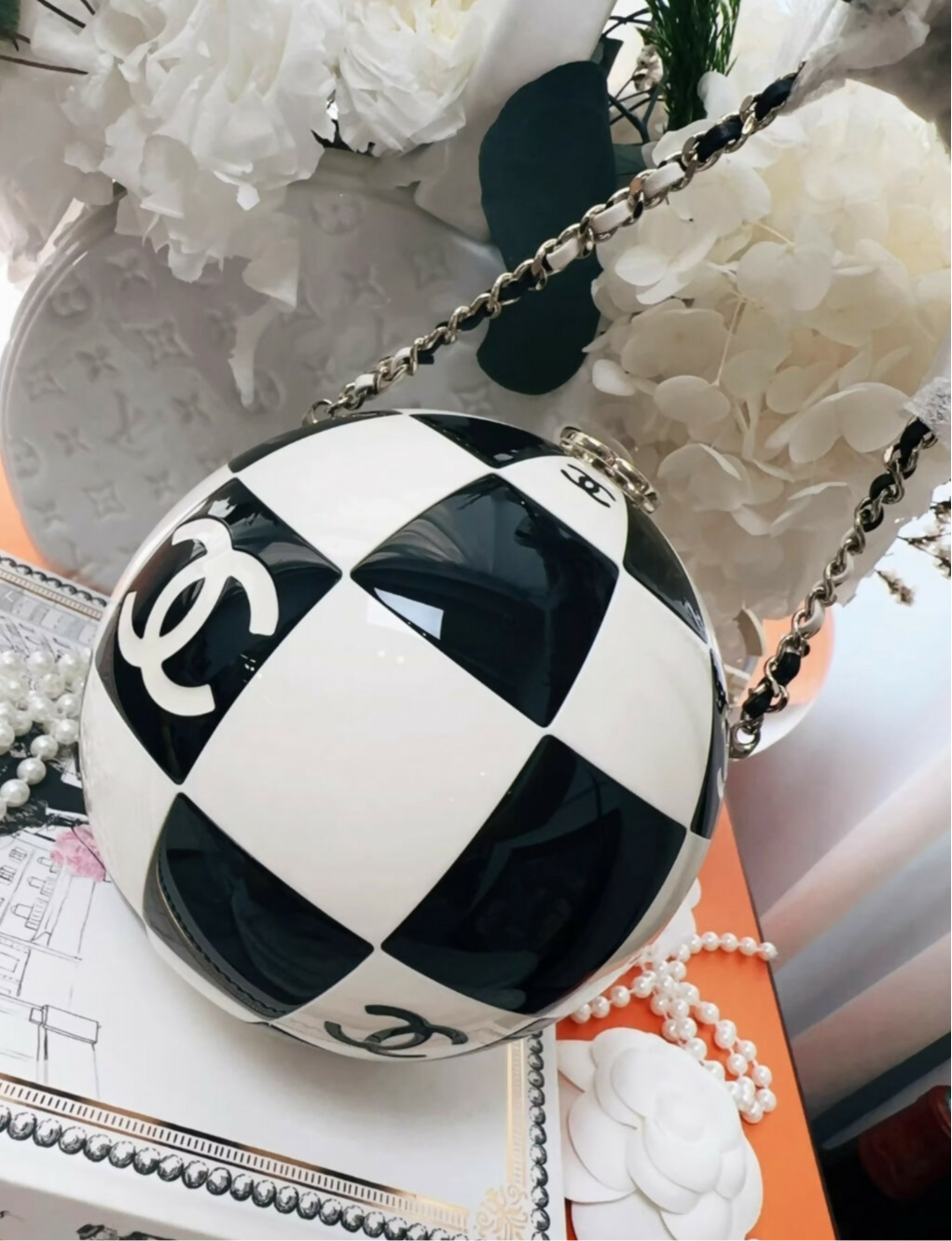Chanel 23C Black and White Resin and Enamel Checker Sphere Minaudiere Pale Gold Hardware