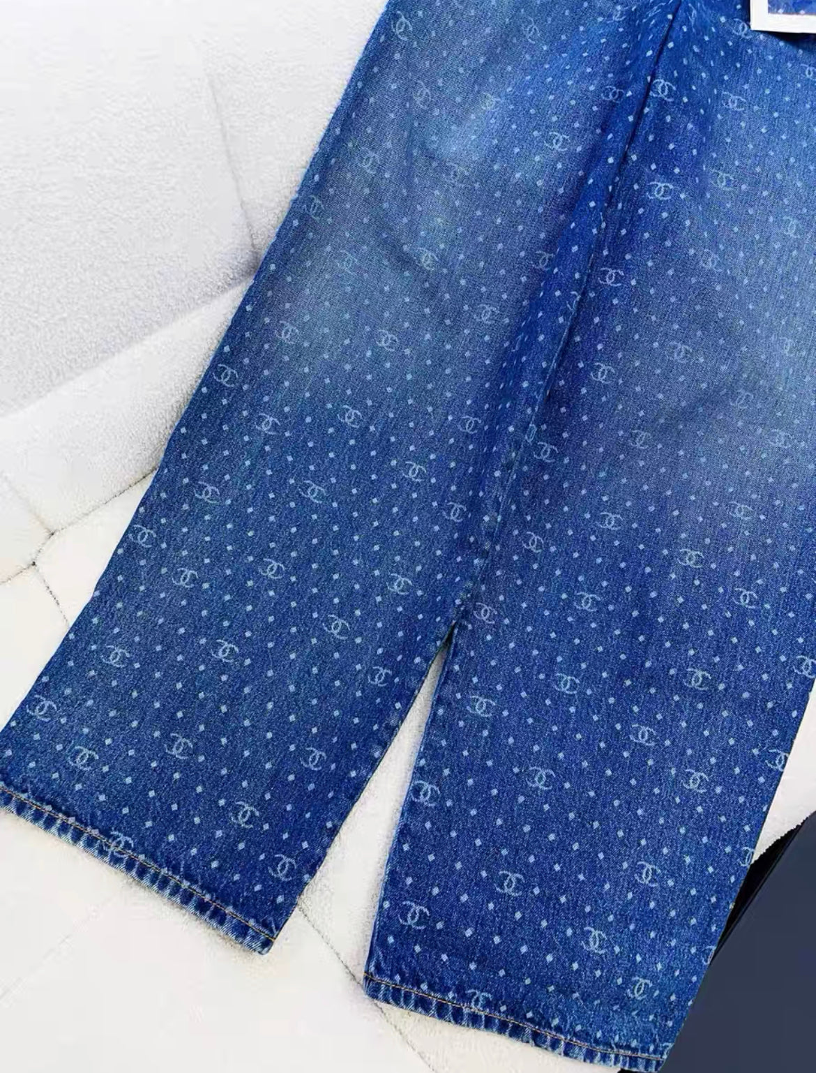 Chanel 23p popular blue polka-dot denim wide-leg pants in size 36