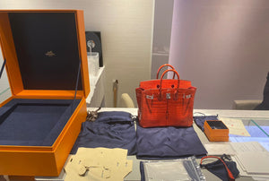Hermès Birkin 25 Rouge Braise Shiny Porosus Crocodile 18K White Gold And Diamond Hardware
