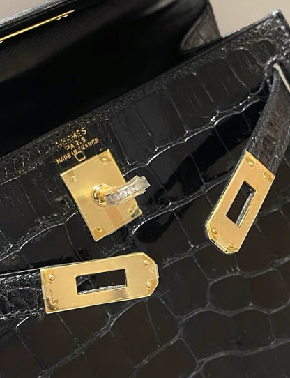 HERMÈS Mini Kelly 20 Black Porosus Crocodile Gold hardware Diamond White Gold hardware