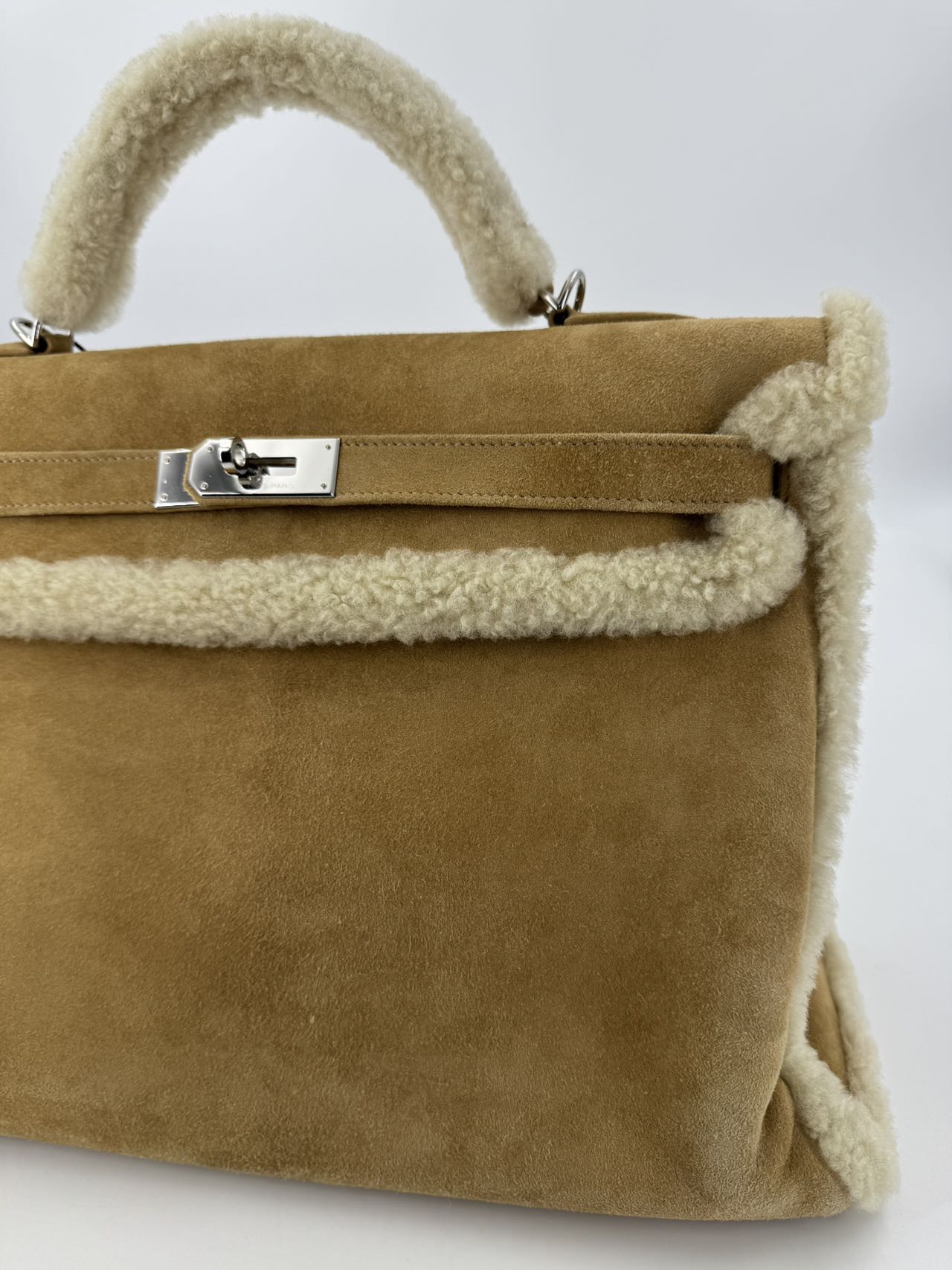 Hermes Kelly 40 Veau Doblis Suede Shearling Teddy Palladium Hardware