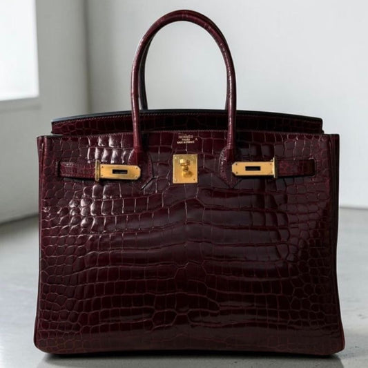 Hermès Birkin 35 Bordeaux Shiny Porosus Gold hardware