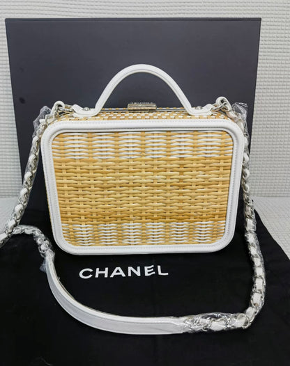 Chanel Vanity Case Beige & White, Rattan, Patent Calfskin & Silver-Tone Metal