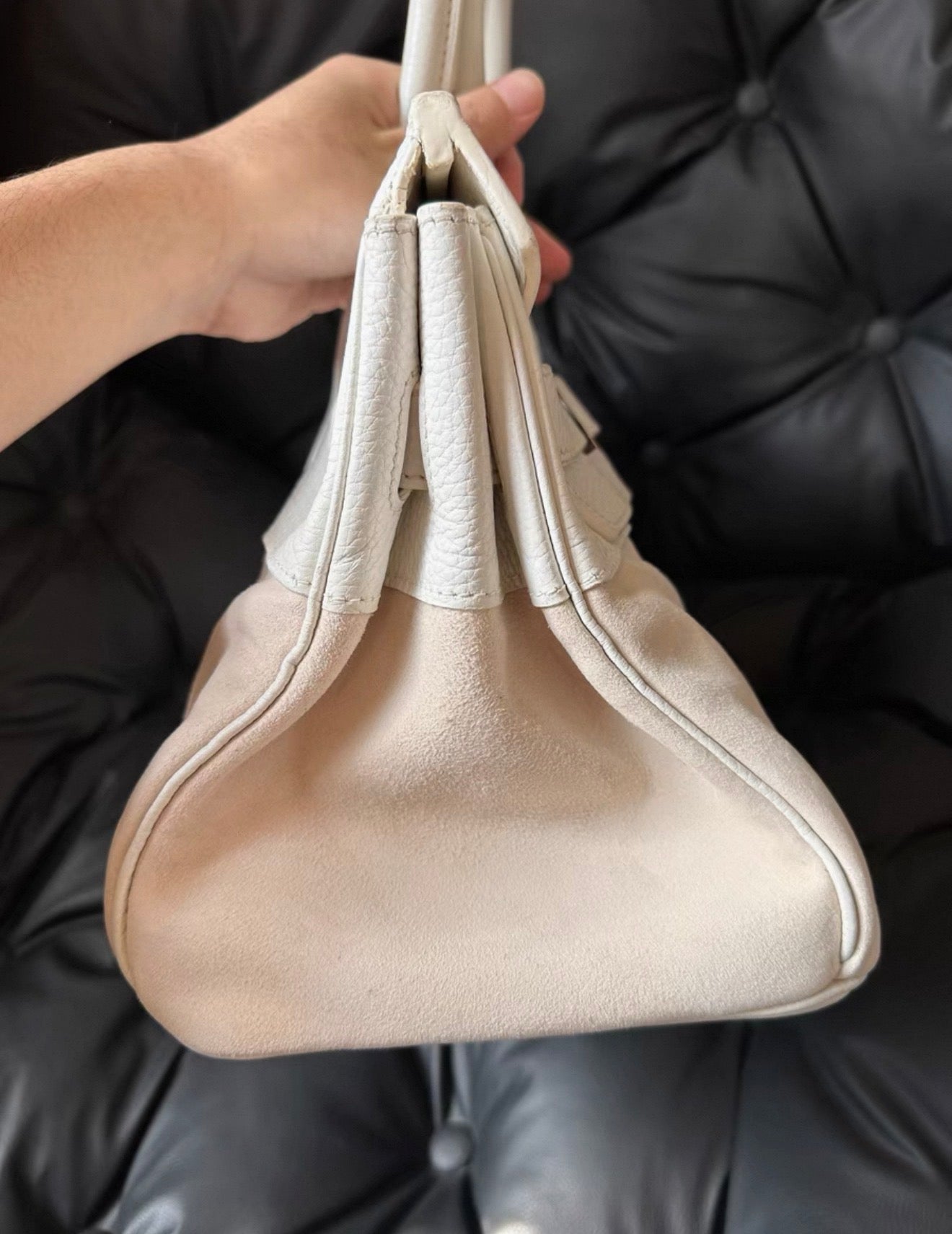 Hermes Birkin Shoulder 42 Cream White leather & Doblis suede with palladium hardware