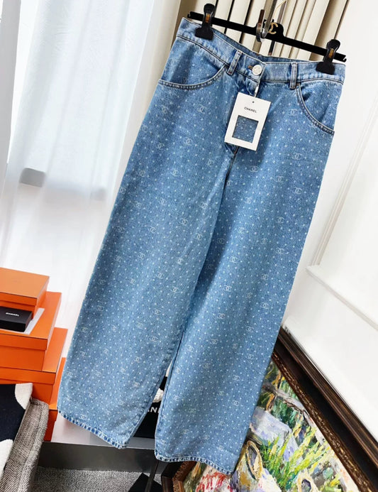 Chanel 23P Boyfriend polka dots denim pants