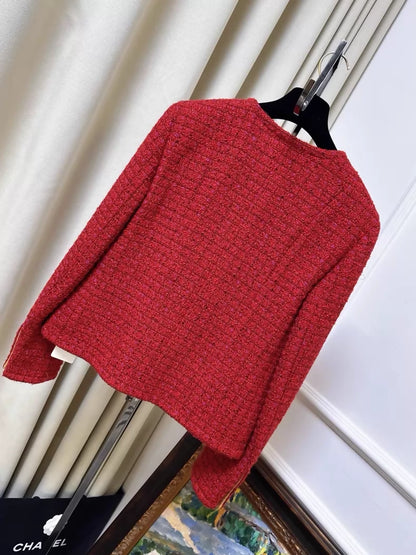 Chanel 23B red tweed jacket with gold buttons and two pockets