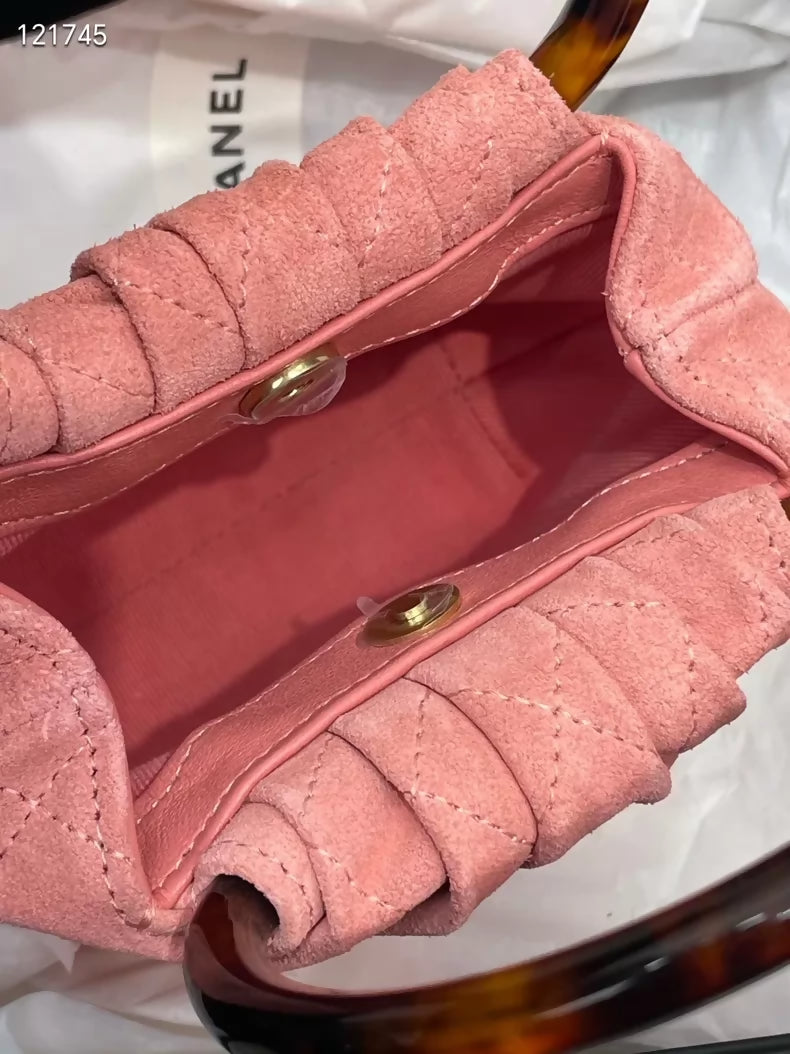 Chanel 26C tortoiseshell handle pink suede handbag