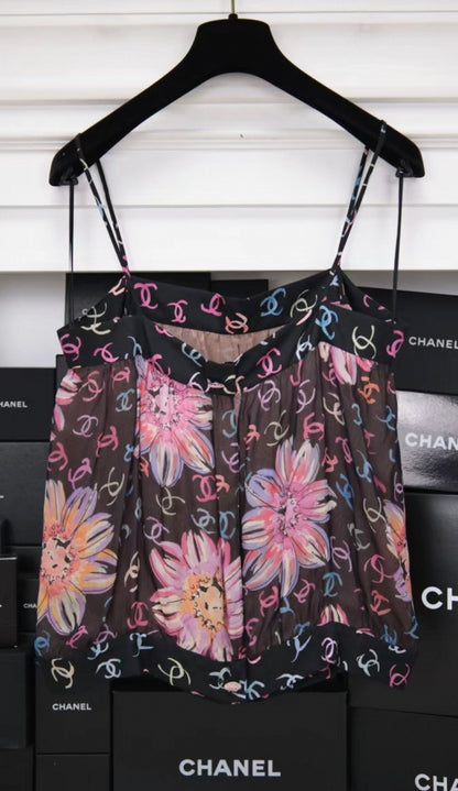 Chanel 24S Runway Colored Silk Camellia Print Camisole Top