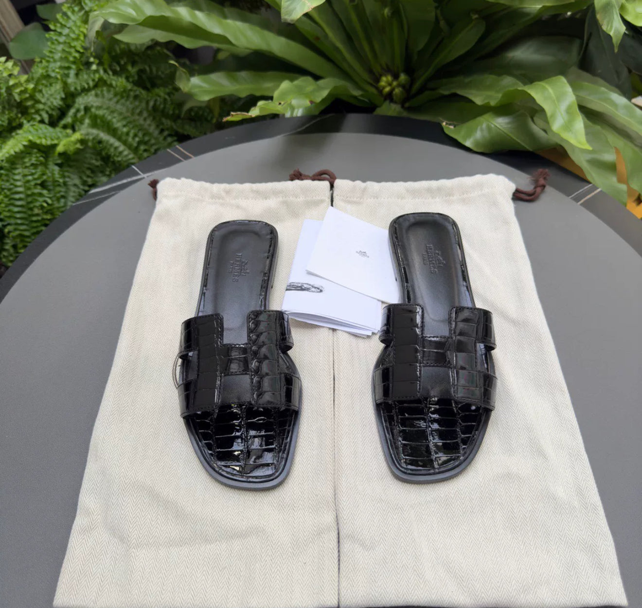 Hermes Sandals Black shiny crocodile leather