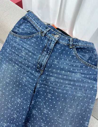 Chanel 23P blue polka-dot denim Boyfriend pants in size 38