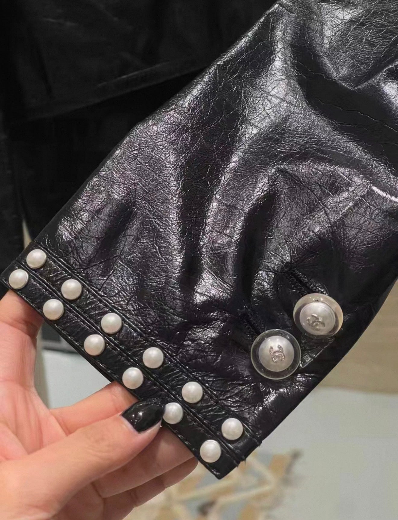 Chanel 17k Pearl black leather jacket