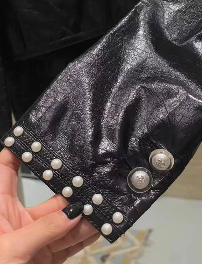 Chanel 17k Pearl black leather jacket