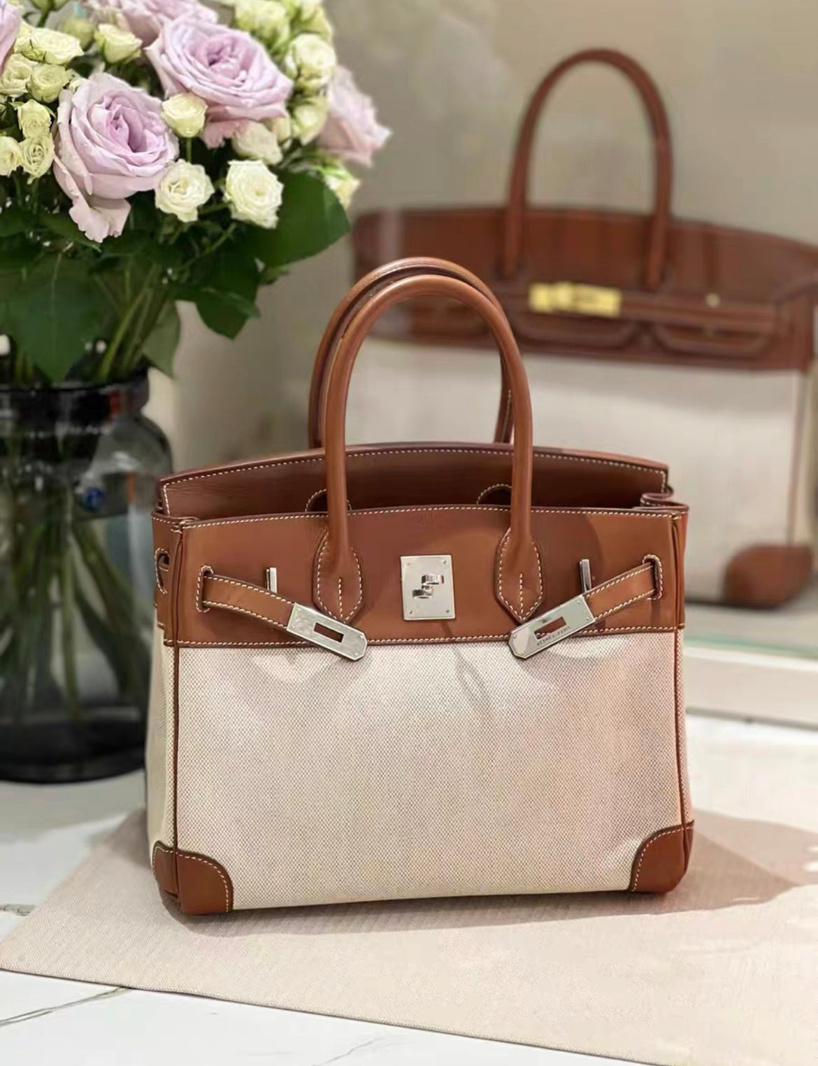 Hermès Birkin 30 Toile H and Brown Swift Palladium Hardware