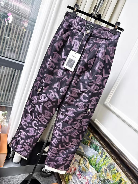 Chanel 22N Black and Purple Double C Logo Print Ski Pants