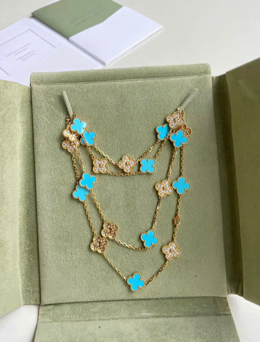 Van Cleef & Arpels Vintage Alhambra Diamond and Turquoise 20 Motif Necklace