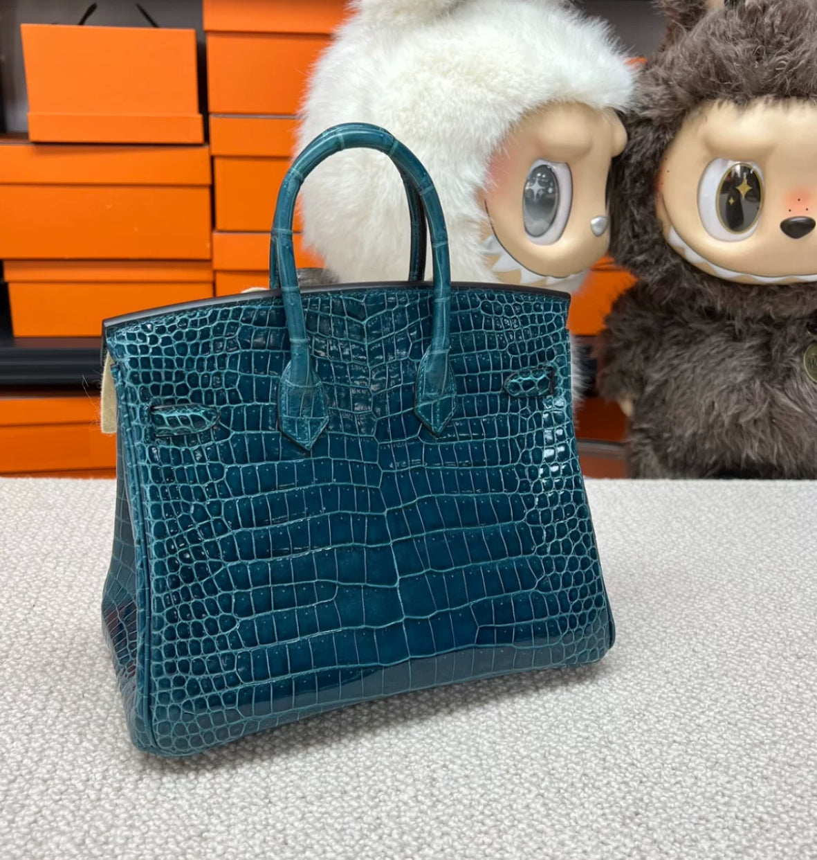 Hermès Birkin 25 Bosphorus Green Shiny Crocodile Diamond Hardware
