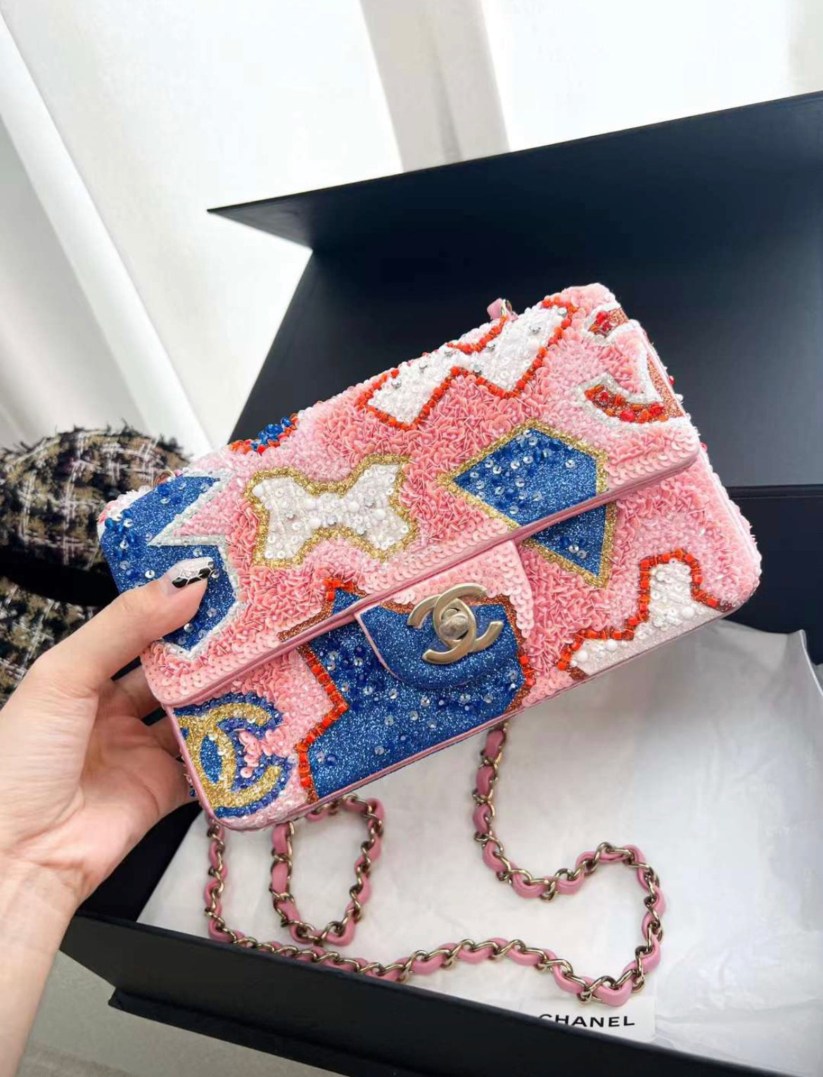 Chanel 23A limited edition sequin mini flap bag pink/blue/white