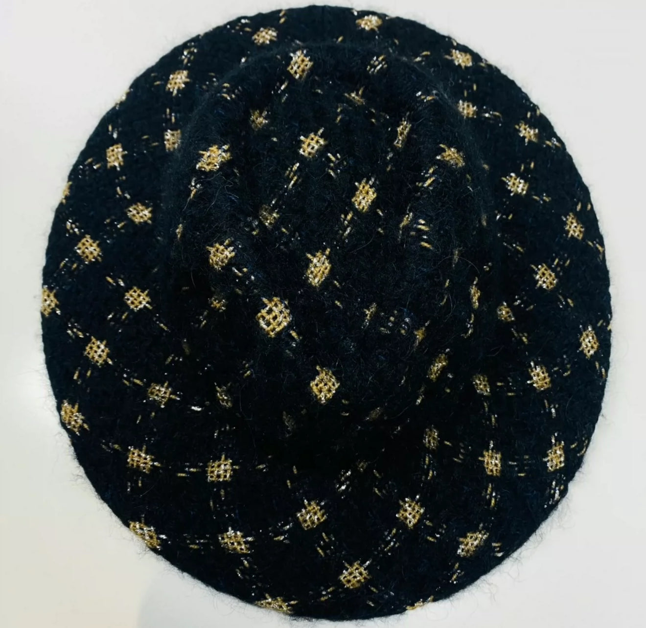Chanel 19K Black 
Gold Wool tweed Fedora Hat