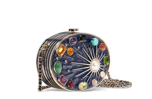 CHANEL Horoscope Navy Blue Metal Gripoix Gold Crystal Small Mini Minaudière Bag