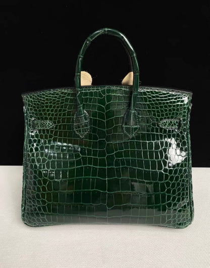 Hermes Birkin 25 shiny green emerald crocodile leather palladium hardware
