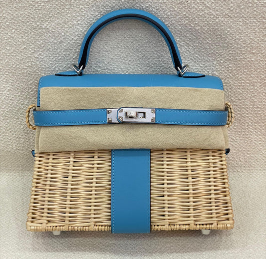 Hermès Mini Kelly picnic Bleu du Nord palladium hardware