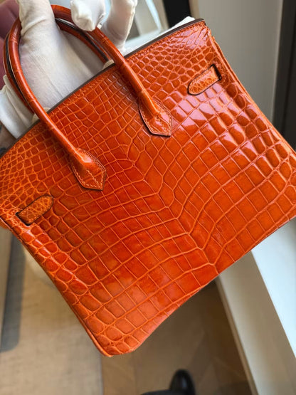 Hermes Birkin 25 Orange Shiny croc Leather Palladium Hardware