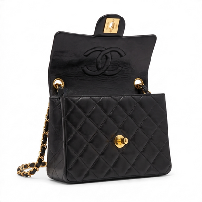 Vintage Chanel Black Quilted Lambskin Mini Square Timeless Classic Flap Bag 24K gold hardware