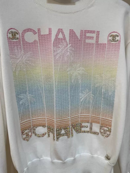 Chanel 24C Colourful Letter Print Sequin White Sweater