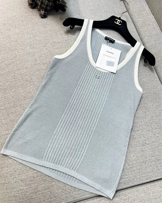 Chanel 25M Cotton Tank Top Gray & White size 36