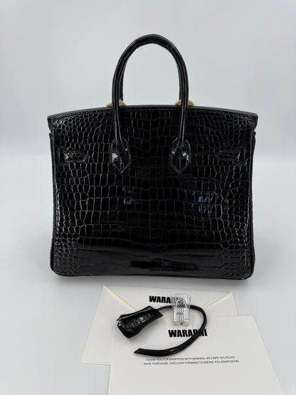 Hermès BIRKIN 25 SHINY BLACK POROSUS CROCODILE DIAMOND WITH 18K WHITE GOLD & DIAMOND HARDWARE, Brand new full set!!!