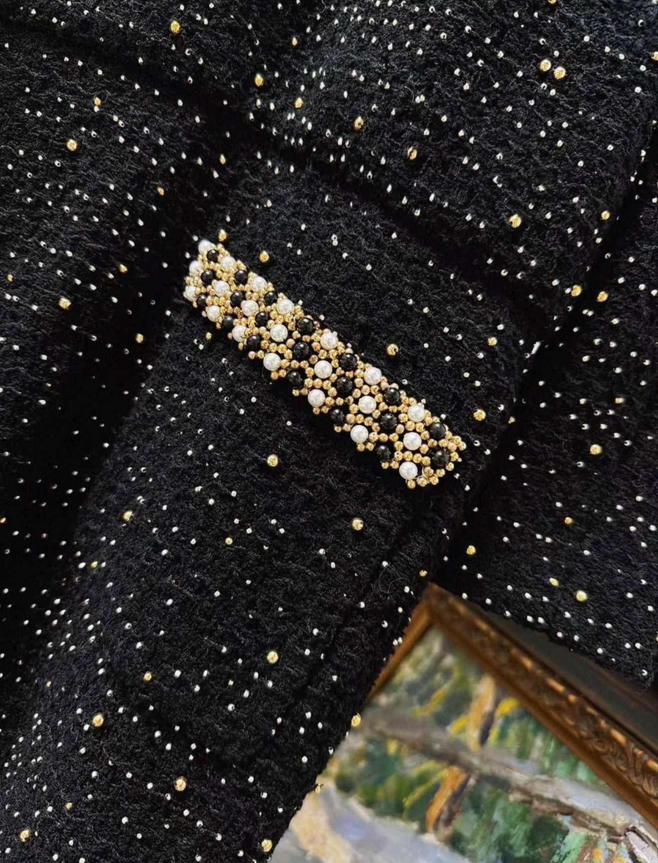 Chanel 21A black tweed mesh pearl sequinned long dress