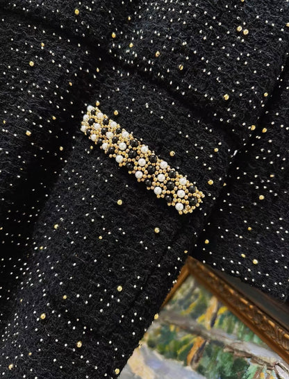 Chanel 21A black tweed mesh pearl sequinned long dress