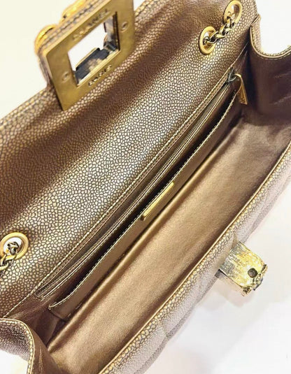 Chanel 2011 Gold Chocolate Bar Quilted Caviar Paris Byzance Gripoix East West Flap Bag Aged Gold Hardware,