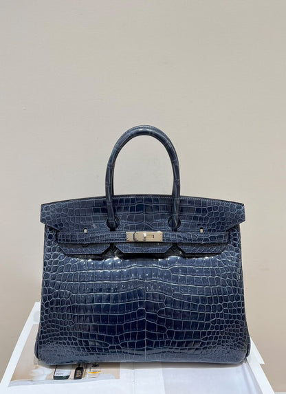 Hermes Birkin 35 Bag Blue Sapphire Porosus Crocodile Palladium Hardware