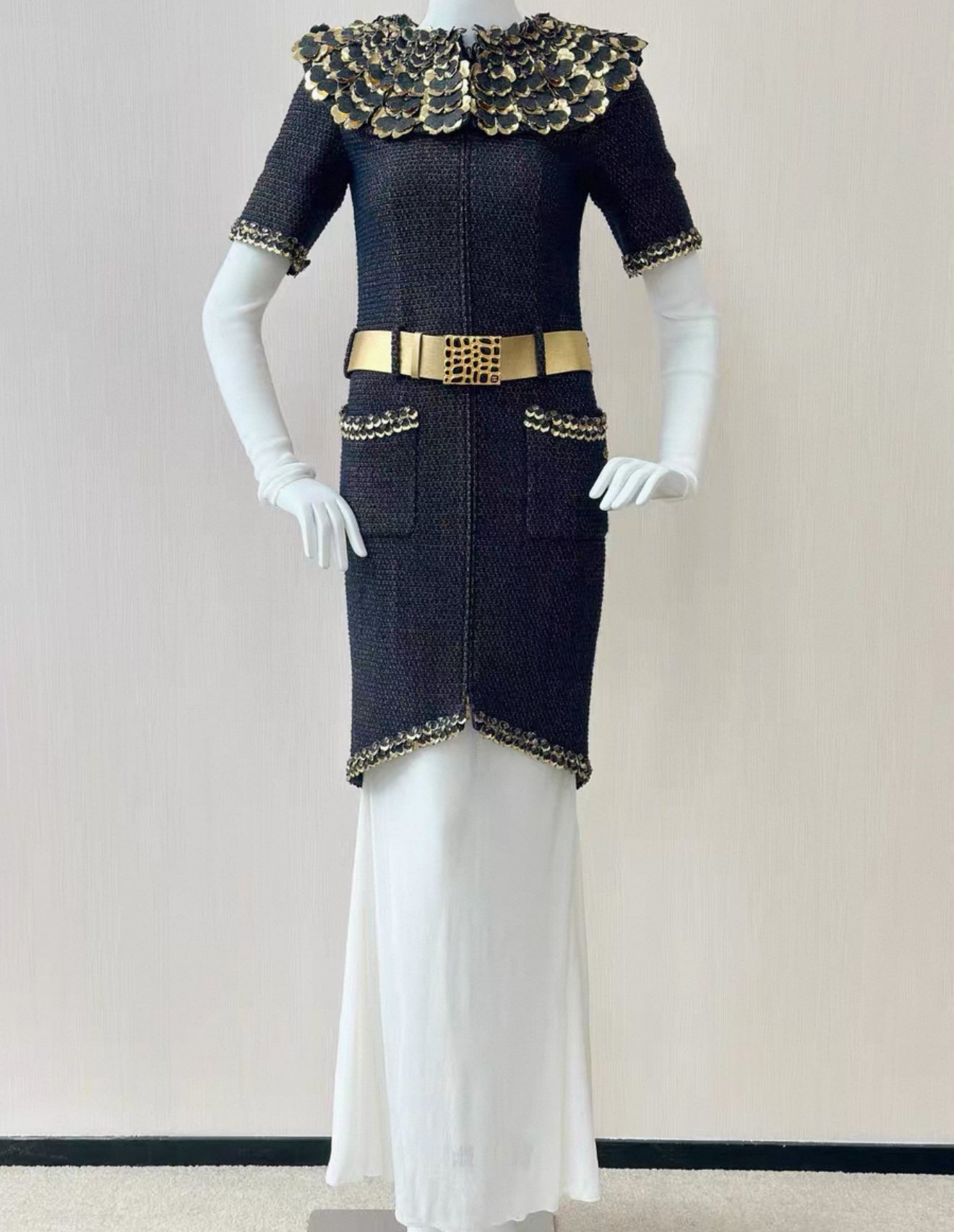 Chanel 19A Navy Blue & gold Embroidered Tweed dress