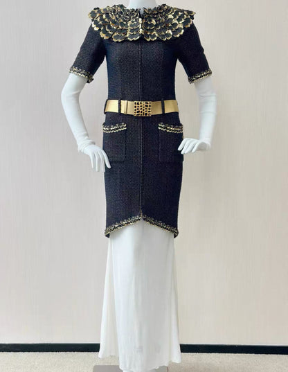 Chanel 19A Navy Blue & gold Embroidered Tweed dress