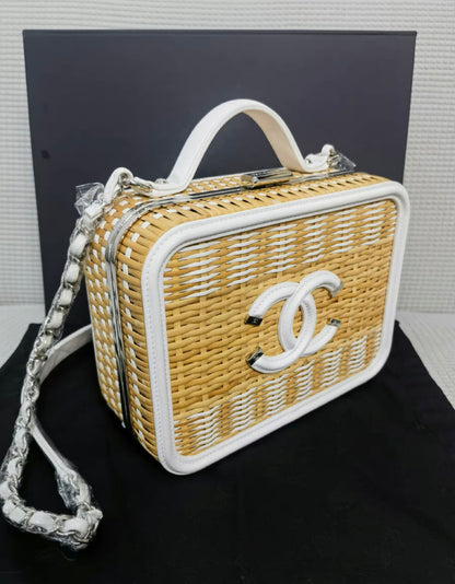 Chanel Vanity Case Beige & White, Rattan, Patent Calfskin & Silver-Tone Metal