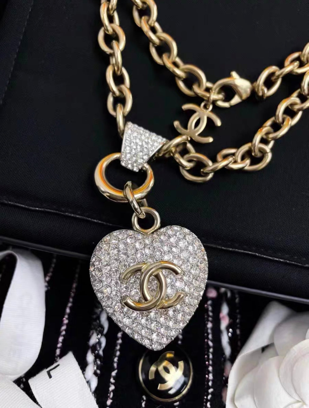 Chanel Strass and Pale Gold Metal CC Heart Necklace, 2020