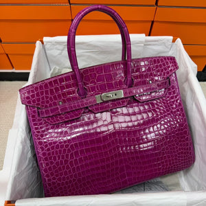 Hermes Birkin 35 Rose Scheherazade Shiny Porosus crocodile leather palladium hardware