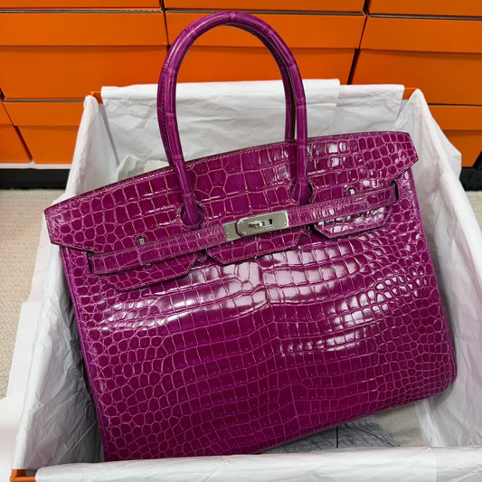 Hermes Birkin 35 Rose Scheherazade Shiny Porosus crocodile leather palladium hardware