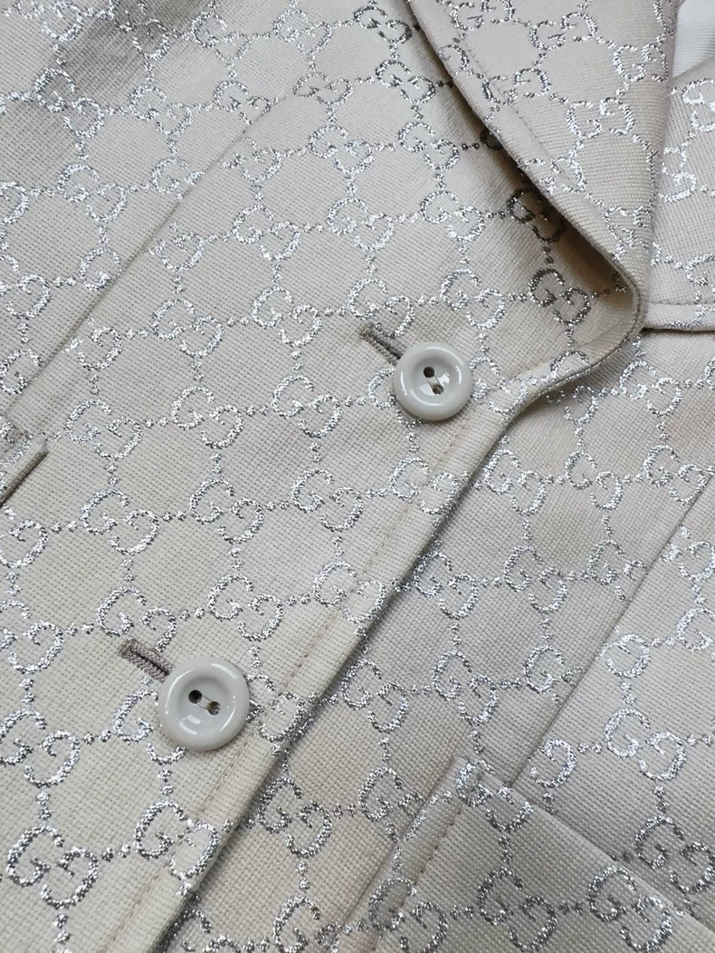 Gucci off-white all-logo silver-threaded suit jacket