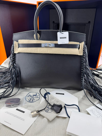 Hermès Birkin 35 Sellier Black Anate Fringe Evercolor leather Palladium Hardware